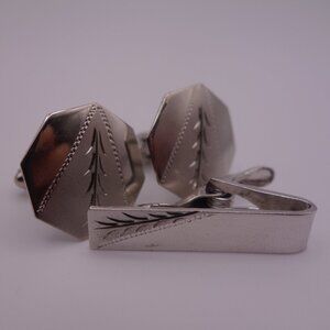 Sterling Silver Octagon Cuff Links with Matching Sterling Silver Tie Clip